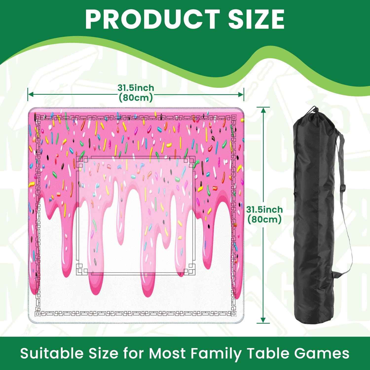 Mahjong Mat 31.5" x 31.5" Pink ice cream melted colorful cute candy sprinkles long border Non-Slip Noise Reduction American Mahjong Tiles Table Cover for Dominoes Poker Card Board Games Gift