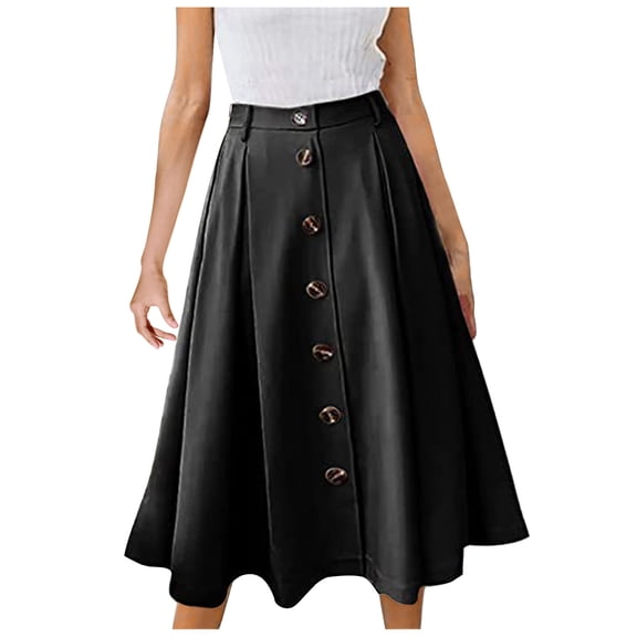 OGLCCG Women's Pleated Midi Skirt High Waist Button Front A Line Flared Skirt Casual Elegant Solid Color Work Office Swing Skirts