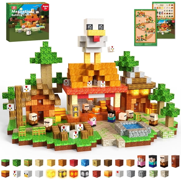 200PCS Magnetic Blocks with Light Up Blocks - Magnet Building Blocks, Stacking Magent Cubes Roast Chicken Store Theme, STEM Montessori Sensory Toys f