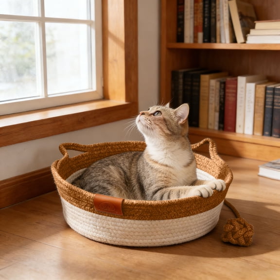 Cotton Rope Woven Cat Bed,Pet Sleeping Bed with a Playing Rope Ball,Foldable Sleeping Basket for Cats,Puppies,Rabbits and Small Pets (Small,Brown & Beige)