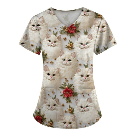 Stichou Women's Christmas Scrubs Tops Plus Size Santa Cat Print Short Sleeve Nurse Uniforms Holiday V Neck Trendy Stretchy Scrub with Pockets Beige 2XL