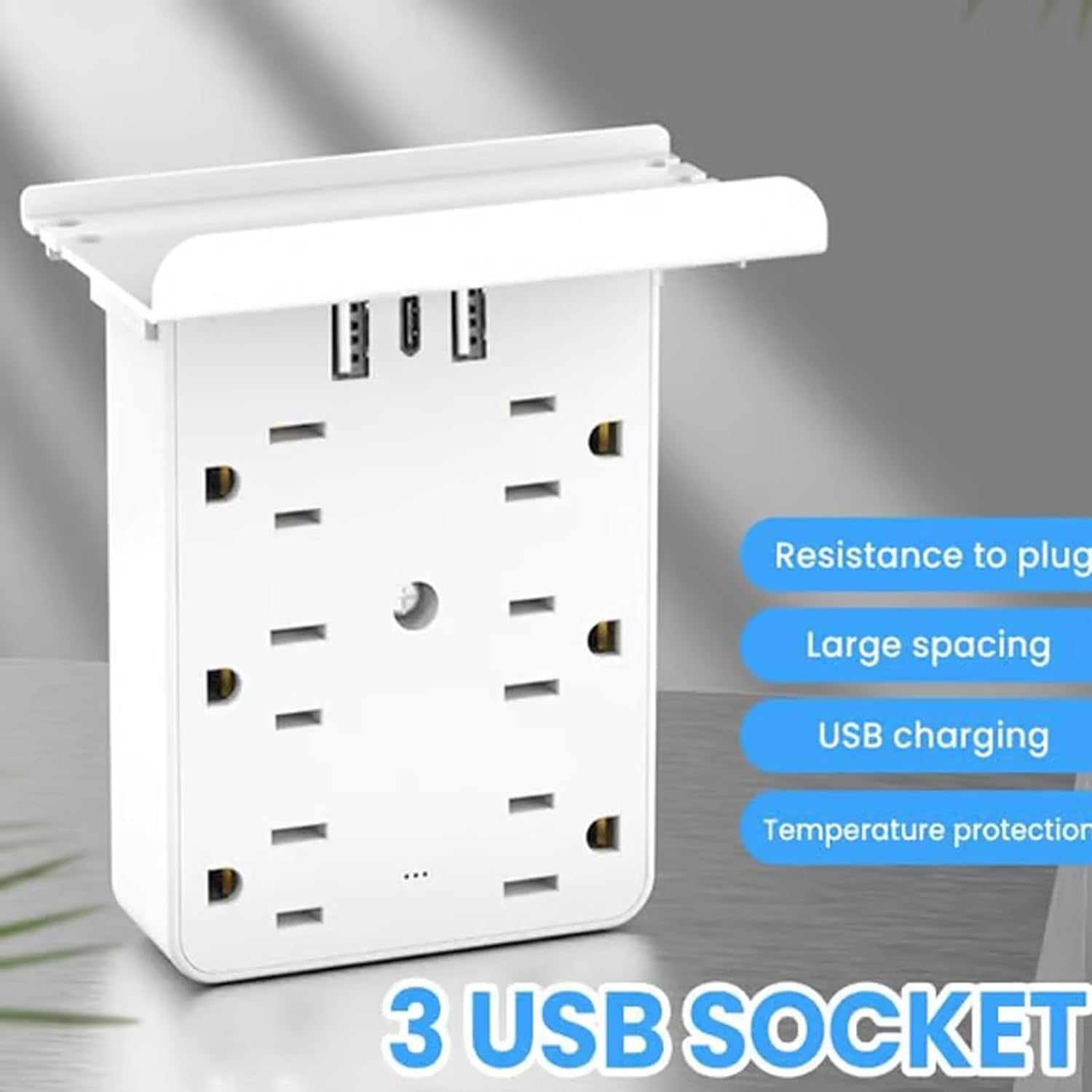 Multi-Functional Power Strip with Panel, 2026 New Wall Outlet Extender with Shelf, USB Ports + USB-C,for Homes Office and Dormitories