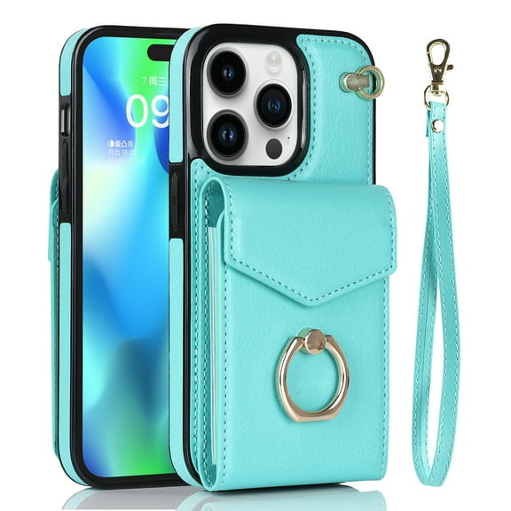 Nalacover Wallet Case for iPhone 12 Pro Max, Back Card Slots/Bag Magnetic Button Ring Holder Stand Cover with RFID Blocking Wrist Hand Strap Luxury PU Leather Anti-Shocks Protective Case, Mint