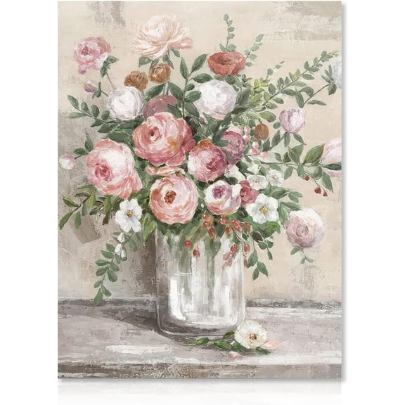 WFSposter-Vintage Floral Canvas Wall Art Farmhouse Still Life Posters Rustic Pink and White Flower Vase Prints Botanical Oil Painting for Bathroom Bedroom Living Room