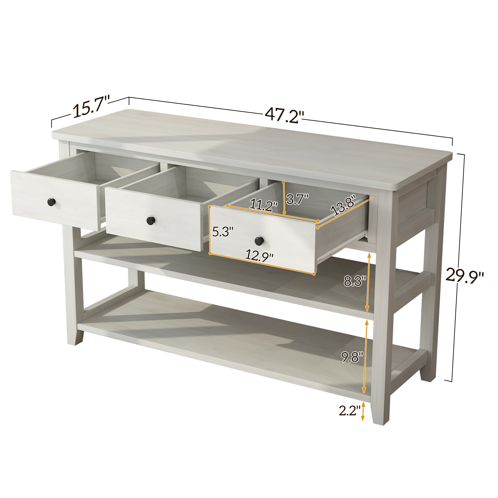 Ktaxon 3-Tier Wood Console Table with 3 Drawers and Shelves, Narrow Long Sofa Entryway Table for Living Room, Hallway, Foyer, Office, White