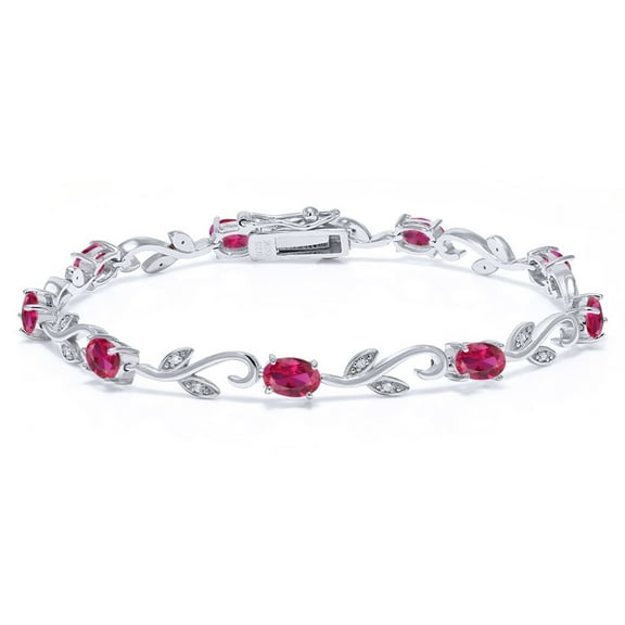 Gem Stone King 925 Sterling Silver Red Created Ruby and White Diamond Greek Vine Tennis Bracelet for Women (4.63 Cttw, Oval 6X4MM, 7 inch)