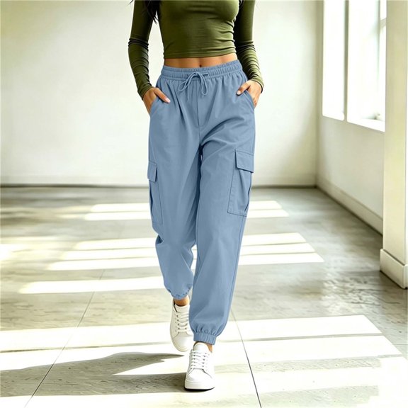 Samdudou Womens Cargo Pants Joggers with Drawstring Waistband Elastic Cuffs and Flap Pockets Casual Outdoor Hiking Trousers for Ladies and Teen Girls