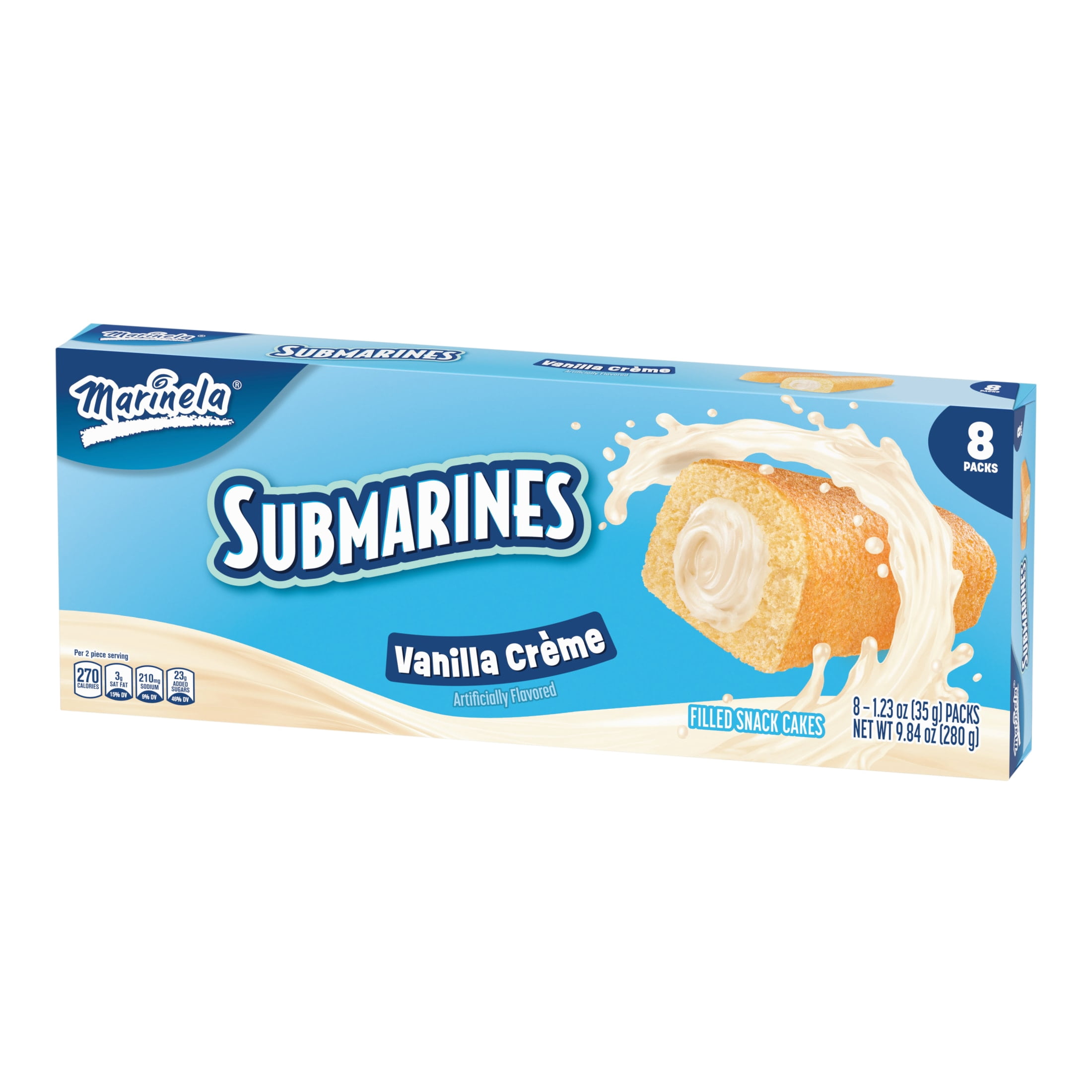 Marinela Submarines Vanilla Crème Filled Cakes, 8 packs, Filled Sponge Cake, 9.84 oz Multipack
