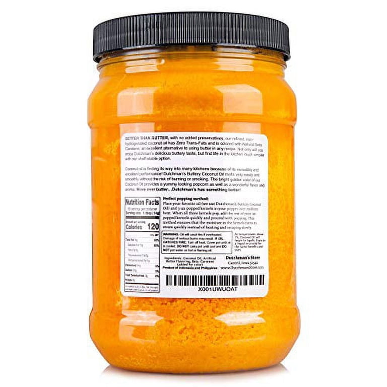 Dutchman's Popcorn Coconut Oil | Butter Flavored Oil, 30oz Jar - Colored with Natural Beta Carotene, Makes Theater Style Popcorn, Top Rated, Vegan, Healthy, Zero Trans Fat, Gluten Free, Made in USA