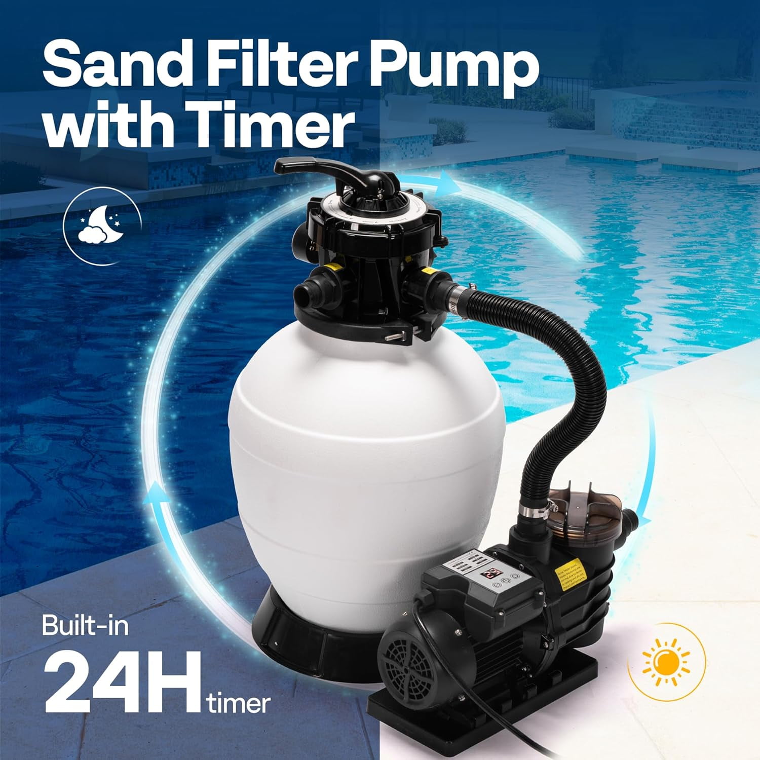 SPECSTAR 13" Sand Filter Pump with 1/2 HP Motor, 2640 GPH w/Timer for in/Above Ground Pools up to 14,000 Gallons, 7-Way Valve with 55-Pound Sand Capacity