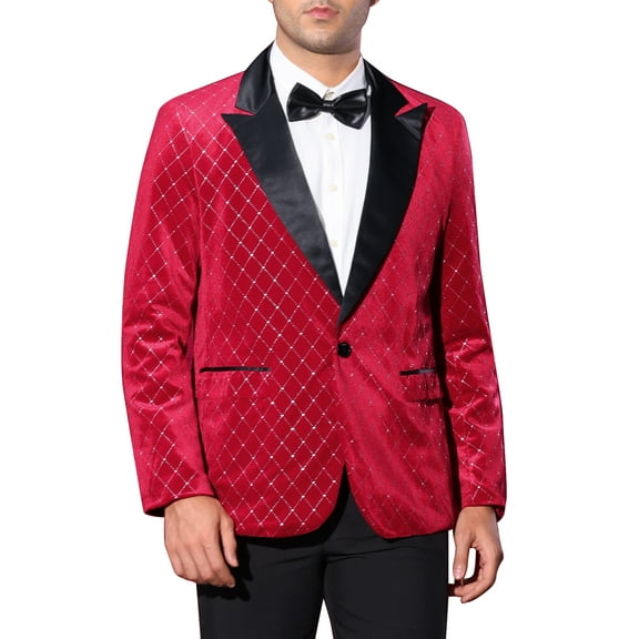 INSPIRE CHIC Men's Blazers Velvet Peak Lapel Argyle One Button Shiny Blazers XL Burgundy