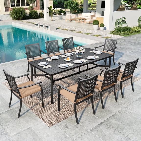 SUMMIT LIVING 9-Piece Outdoor Patio Dining Set with 8 Stackable Metal Armchairs with Cushions & 1 Metal Steel Rectangle Table with Umbrella Hole, Black & Brown
