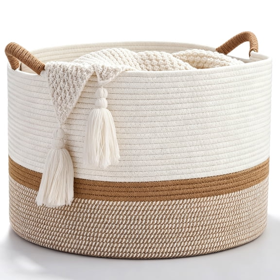 Natubeau Woven Storage Baskets for Organizing, 67L Large Cotton Rope Woven Belly Baskets, White & Brown Round Storage Bins with Handles, 20"W x 13"H
