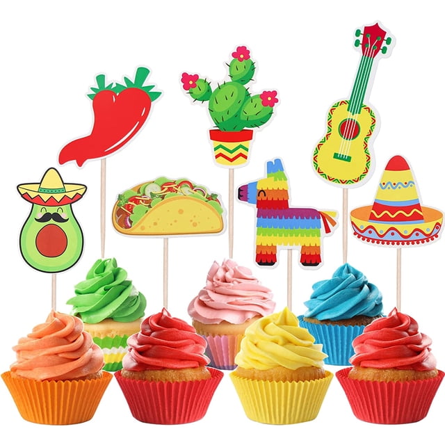 42 Pcs Mexican Fiesta Cupcake Toppers Mexican Theme Cake Decoration for