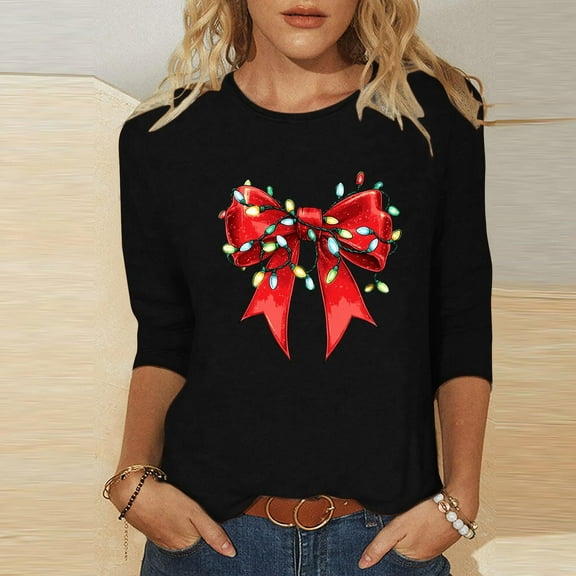 LEKWK Christmas Shirts Women Xmas Santa Crew Neck 3/4 Sleeve Tops Christmas Tops for Women Vintage Christmas Shirt for Women