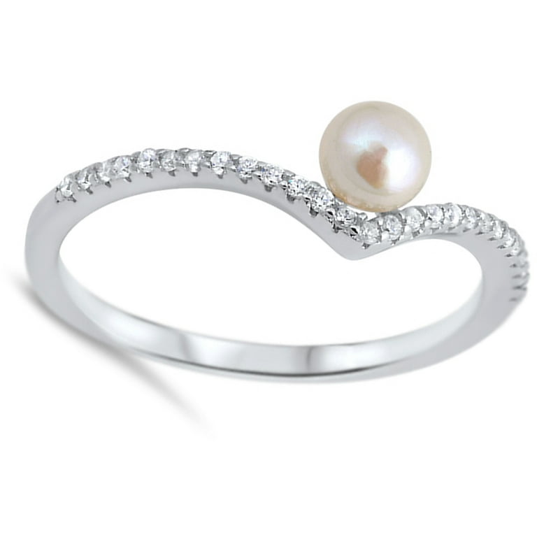 Clear Cubic Zirconia Simulated Pearl Chevron Thumb Ring 925 Sterling Silver Band White Female Size 4