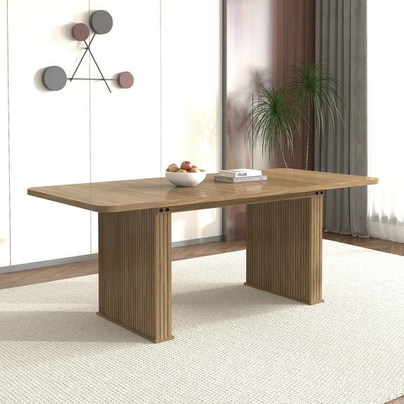 Modern Dining Table for 6-10 People, Wood Kitchen Table with Double Robust Pedestal, Wooden Dinner Table for Dining Room