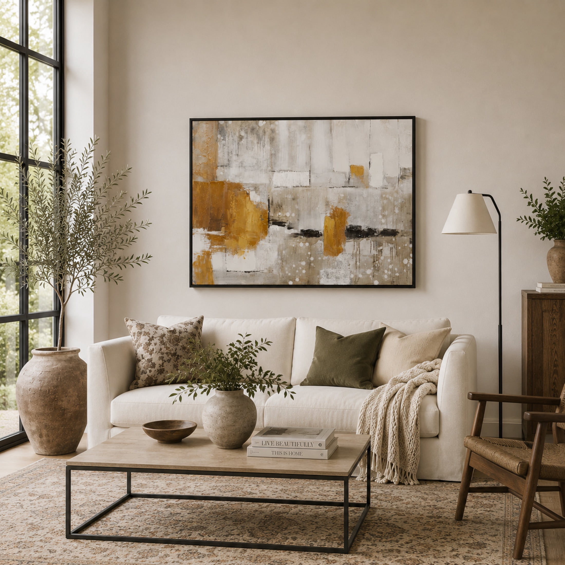 48" x 36" Abstract Framed Wall Art with Black and Yellow Details, by DecMode