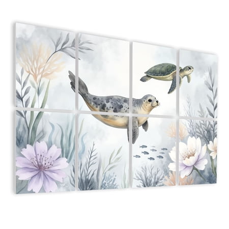 8 Pack Art Acoustic Panels Sound Absorbing Underwater Scene Seal Sea Turtle Fish Coral Reefs Floral Elements Soft Decorative Soundproof Wall Panels Self Adhesive for Nursery Game Room Bedroom 48 x32