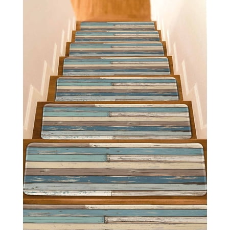 Blue Brown Beige Farmhouse Stair Treads for Wooden Steps Indoor Runner Rug Carpet Vintage Wood 10 Pieces Peel and Stick Staircase Step Treads Covers Washable Throw Door Mats 30 x8