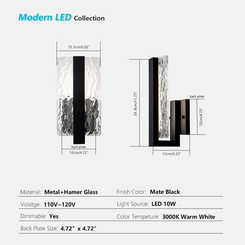 Modern Dimmable Indoor/Outdoor LED Wall Sconce with Water Glass, 10W 3000K Warm White, Set of 2