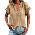 thumbnail image 2 of Casual Blouses Women Short Sleeve Baberdicy V Neck Short Sleeve Top, Plus Size Linen Shirt, Summer Casual Blouse, Loose Fit Tee, Breathable Womens Top Khaki L, 2 of 6