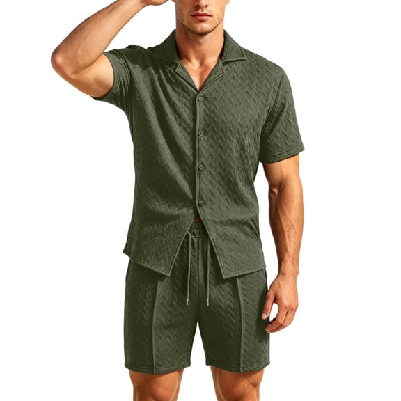 Bpyeka Men's Casual Two-Piece Set, Camp Collar Button-Down Shirt & Drawstring Shorts, Herringbone Jacquard Textured Co-Ord Outfit, S-2XL