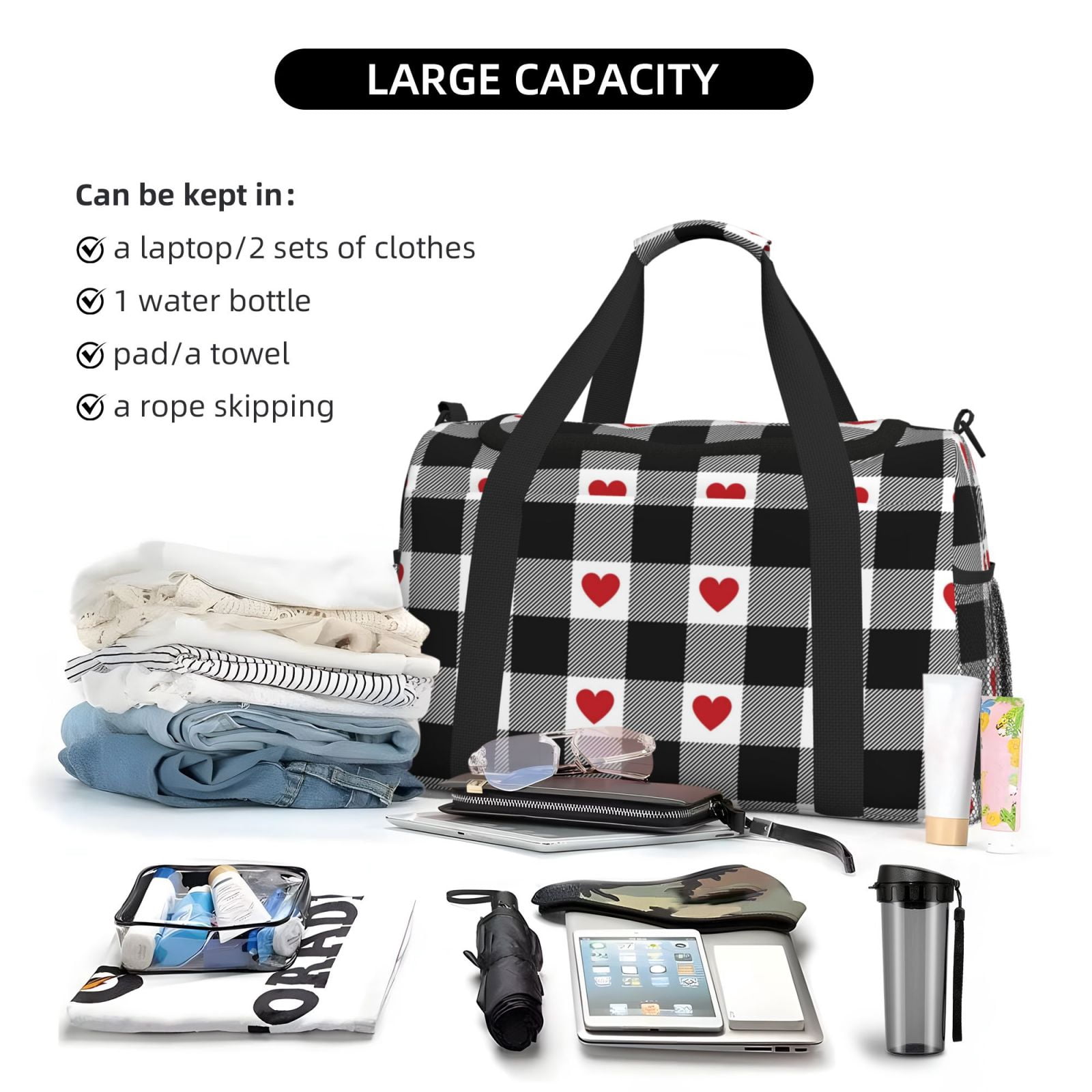 Fuzoiu Heart Black Buffalo Plaid Gingham Print Travel Duffle Bag,Carry On Tote Bags,Duffel Bag,Sport Gym Bag, Hospital Bag for Labor and Delivery, Overnight Bag,Luggage Bag