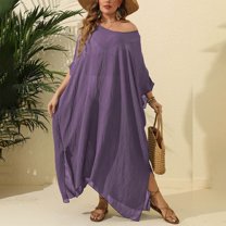 Women Fashion Casual Large Size Solid Color Loose Beach Cover Up Dress Long Slit Floor Length Holiday Resort Wear Summer Outfit