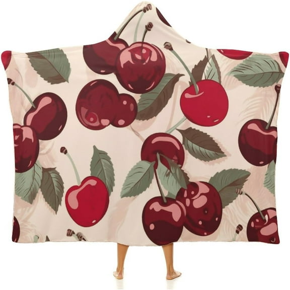 Blanket Hoodie Poncho Blanket Sweatshirt Cherry Pattern Wearable Blanket Wrap Functional Throw Blanket Wearable Blanket Hooded Throw Cape Gifts for Adults Bed Decorative