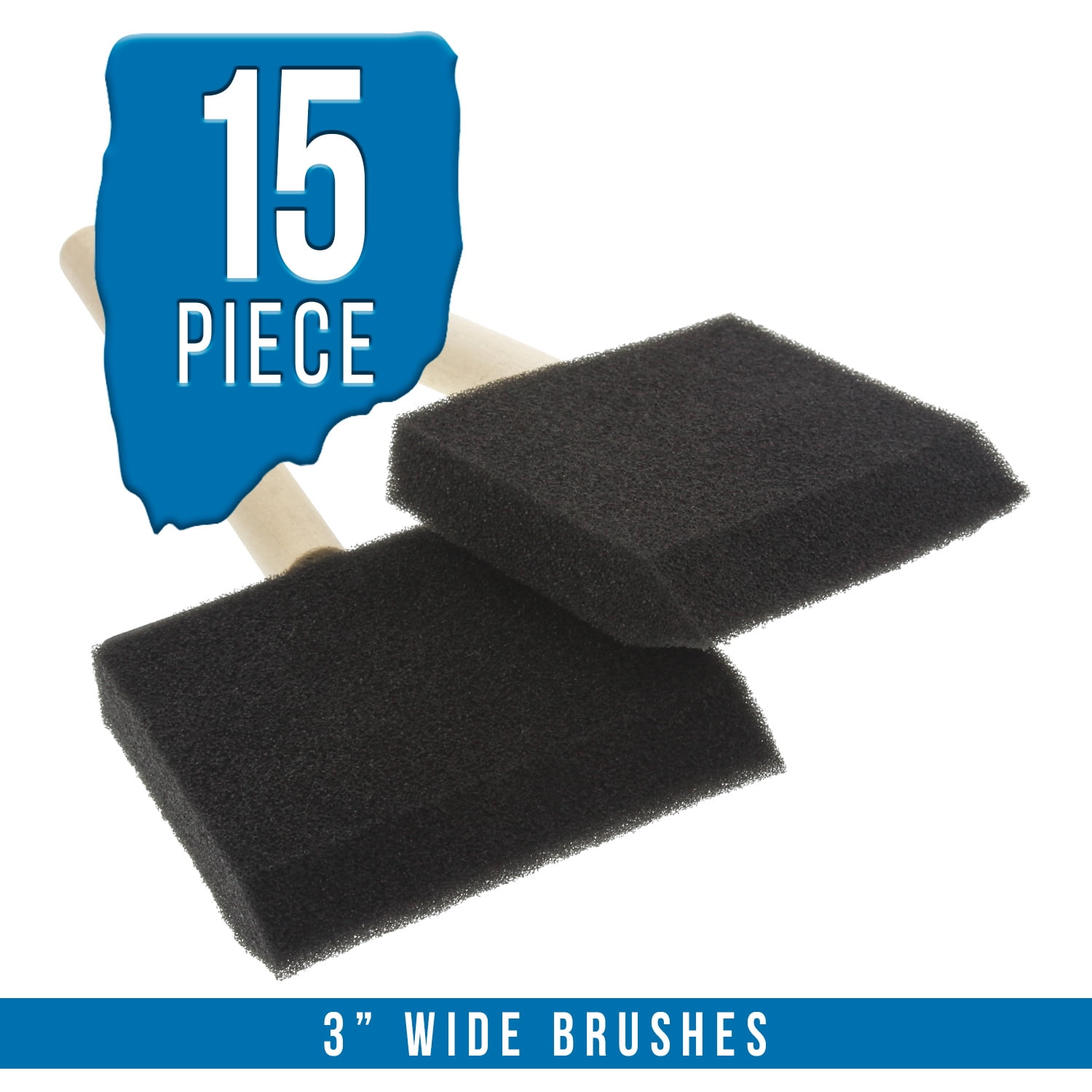US Art Supply 3 Inch Foam Sponge Paint Brushes - Wood Handle, Value Pack Of 15 For Acrylics, Stains, Crafts & Varnishes
