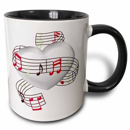 - 3dRose Musical Notes Wrapped Around A Heart Illustration - Two Tone Black Mug, 11-ounce