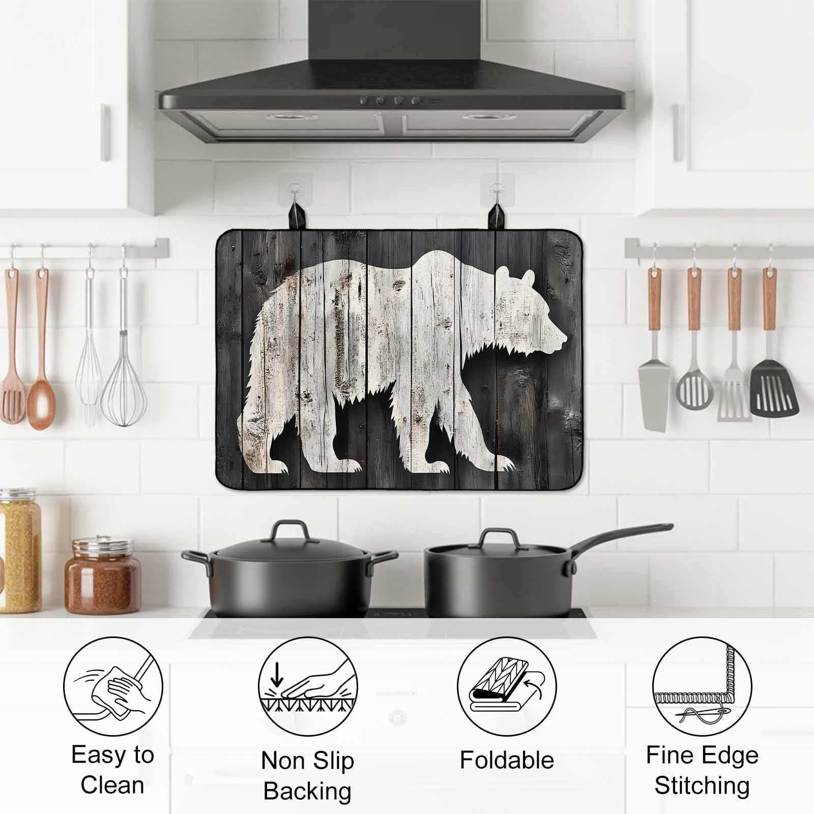 White Brown Bear Stove Top Cover for Electric Stove, Heat-proof & Non Slip Glass Top Stove Cover Protector, Farmhouse Country Rustic Wooden Grain Kitchen Flat Cooktop Rubber Mat 24x21 Inches
