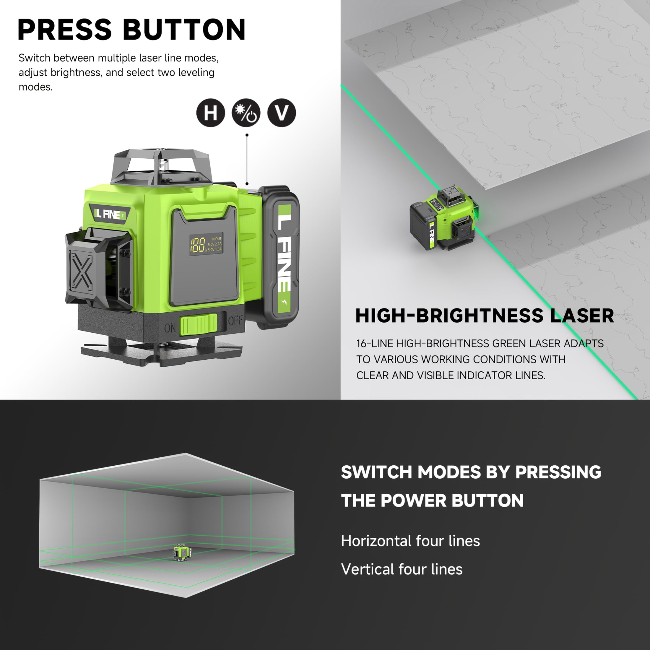 L FINE Laser Level, 4x360° Self-Leveling Green Cross Line 4D 16 Lines Laser Metal Window Tool with Remote Control, 1* 4800mAh Battery, Magnetic & Liftable Bracket
