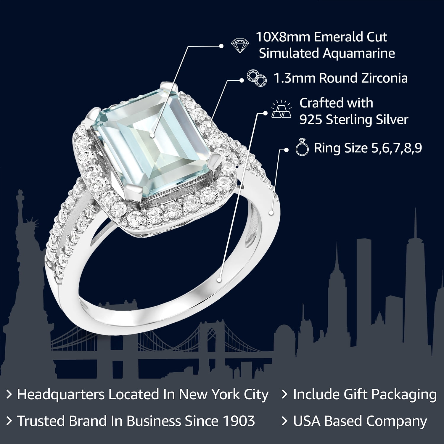 Gem Stone King 3.68 Cttw Sky Blue Simulated Aquamarine Engagement Ring for Women | 925 Sterling Silver | Emerald Cut 10X8MM | Wedding Engagement Anniversary Promise Ring for Women | Size 7
