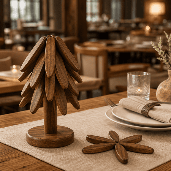 Foldable Tree Shape Wooden Trivet Set, Walnut Wood Heat Resistant Trivets for Hot Dishes, Pots, Teapots, Bowl, 4 Trivets with Storage Stand, Kitchen Hot Pot Holder for Countertop