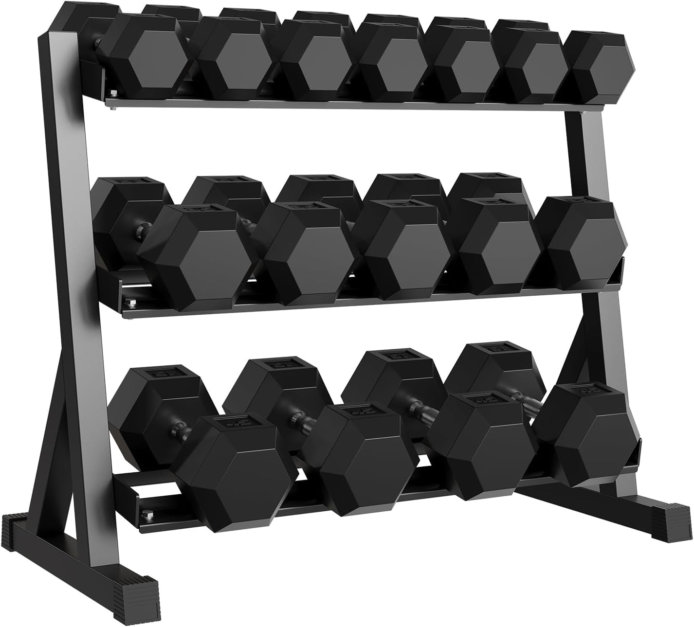 Heavy Duty 3-Tier Dumbbell Rack for Home Gym – Steel Weight Storage Stand, Angled Non-Slip Shelves, Rubber Guard, Holds 5/6 Hex Dumbbell Pairs, 480/800/1000 LB Capacity, Black