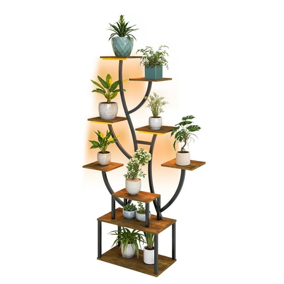 ModFusion Tree-Shaped Indoor Plant Stand with Grow Lights, Retro Woodgrain Multi-Tier Shelf, 63 in Height