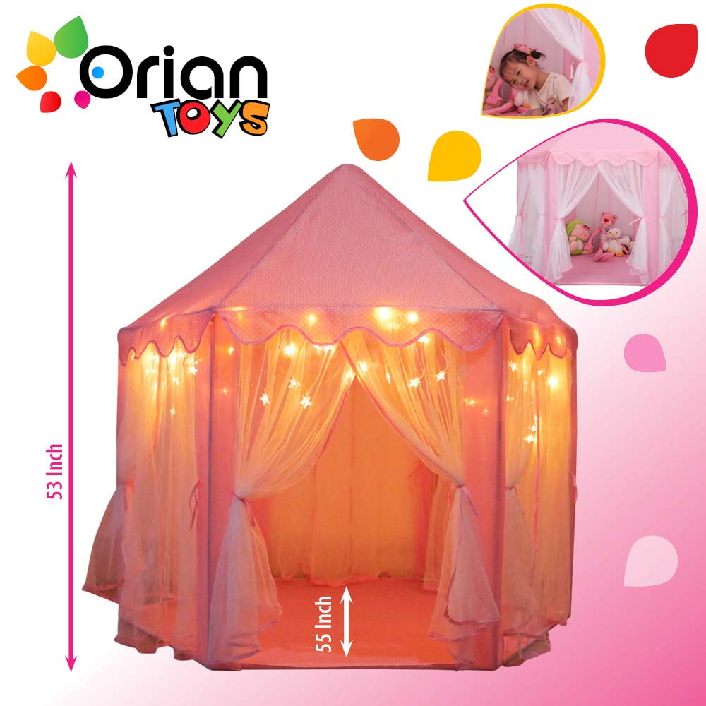 Pink Kids Gift 55 x 53 inch ASTM Certified Indoor and Outdoor Large Hexagon Children Play Tent for Imaginative and Pretend Games Orian Princess Castle Tent Playhouse with Bonus LED Star Lights 