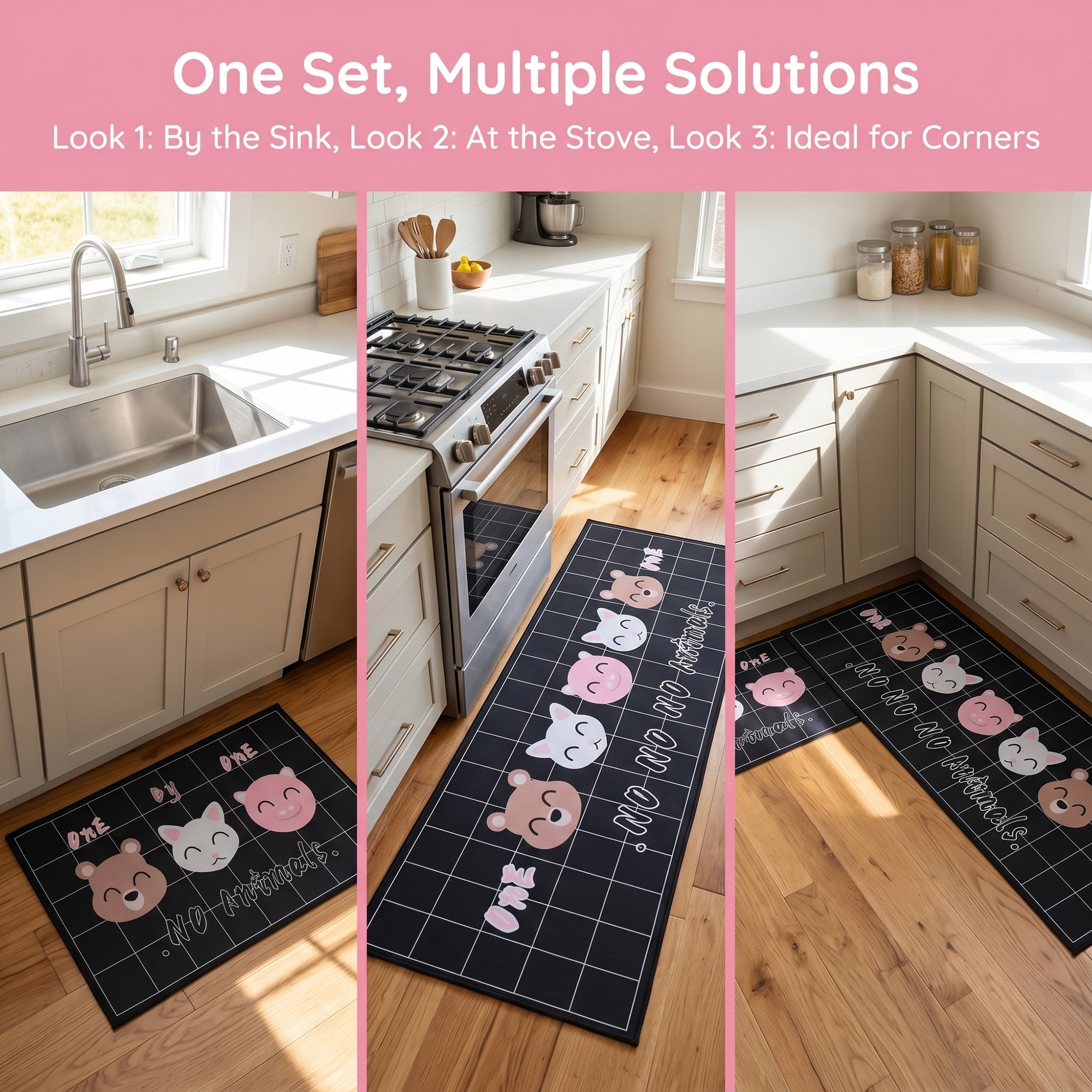 Unique Bargains Non Slip Animal Floral Printed Kitchen Rugs and Mats Black 24"x16"+47"x16"