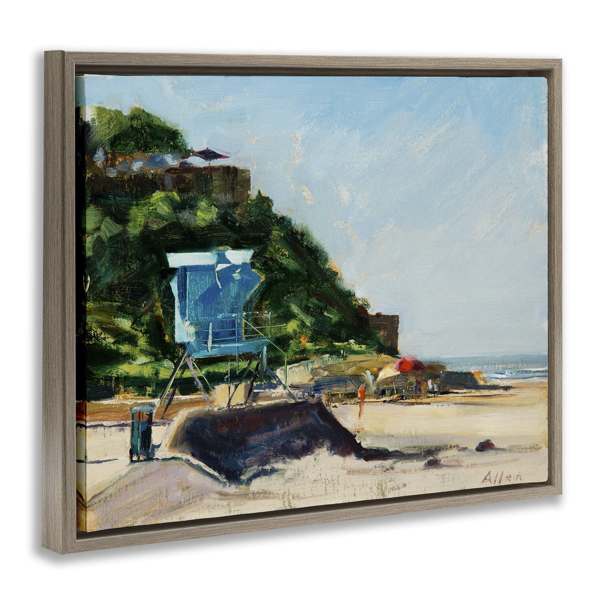 Stupell Industries Beach Guard Tower Landscape & Nature Painting Brown Floater Framed Canvas Art Print Wall Art, 31 x 25