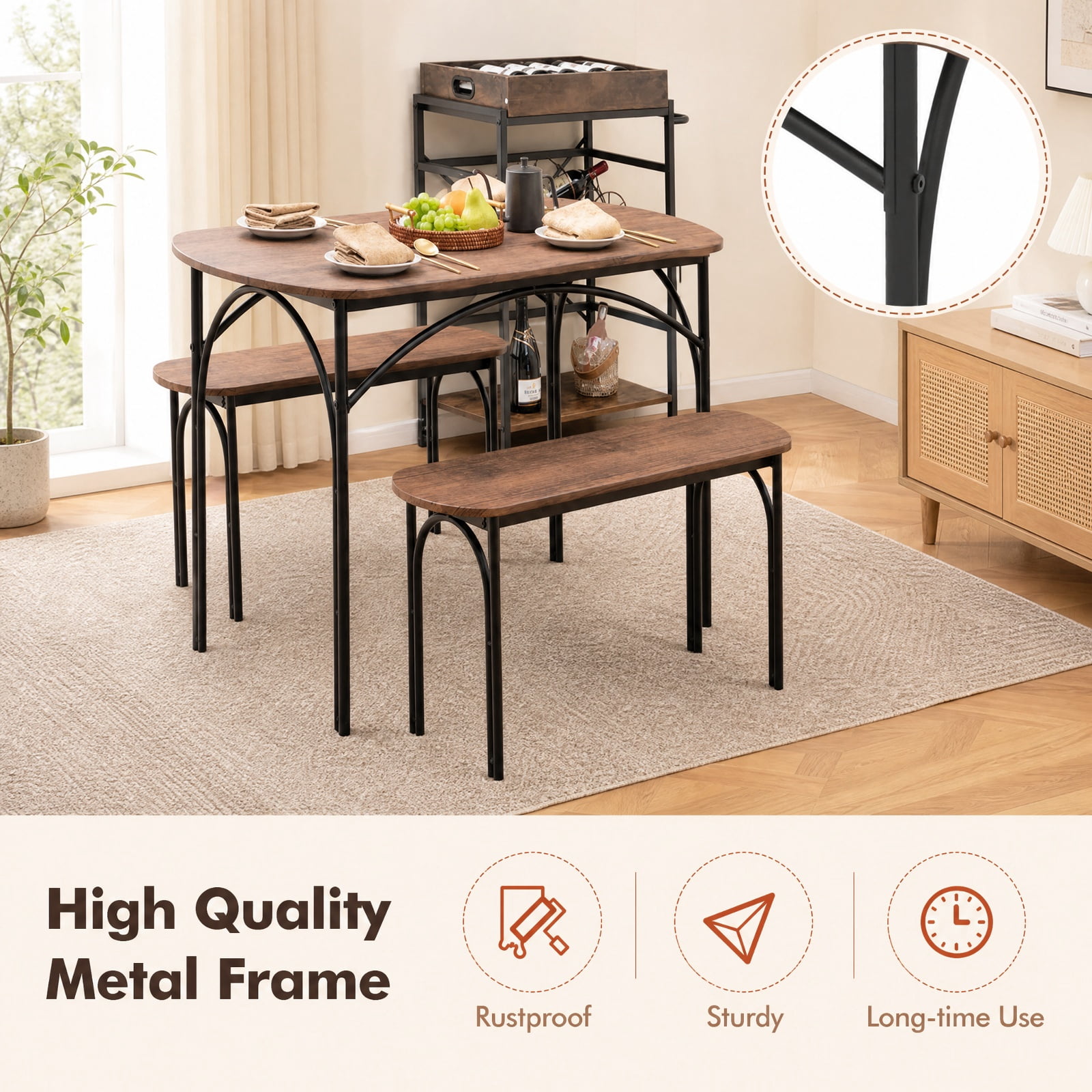 Furnibear 3 Piece Rectangular Dining Table Set for 4 with 2 Benches and Powder Coated Metal Frame for Kitchen and Apartment, Brown