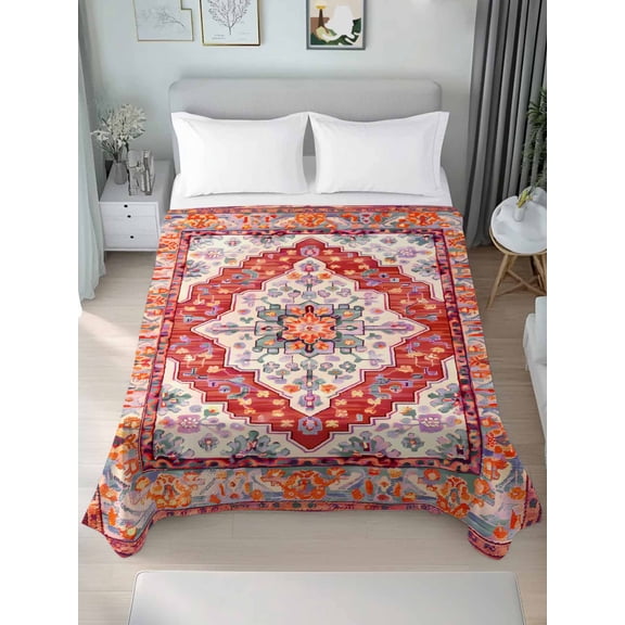 Orange Red Boho Queen Size Flat Sheet, Wrinkleproof & Fadeproof Cooling Flat Bed Sheet Only, Vintage Flower Tribal Distressed Printed Breathable Soft Bedding Top Sheets 90 x 102 Inches