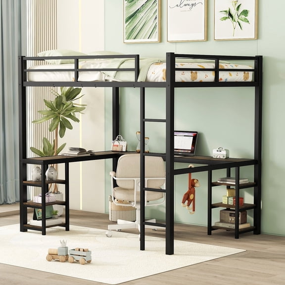 Black Full-Size Metal Loft Bed with Desk and Shelves for Bedroom Study or Office