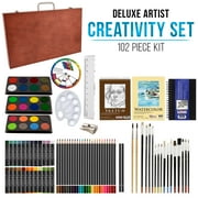 U.S. Art Supply 102-Piece Deluxe Art Creativity Set with Wooden Case - Artist Painting, Sketching and Drawing Set, 24 Watercolor Paint Colors, 17 Brushes, 24 Colored Pencils, Sketch & Painting Pads