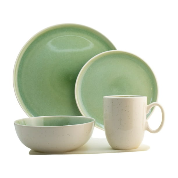 Juego Vajilla Cerámica, Colección Masai, Vajilla Circular de16 Piezas para 4 Personas, Color Verde Grisáceo con Caja de Regalo