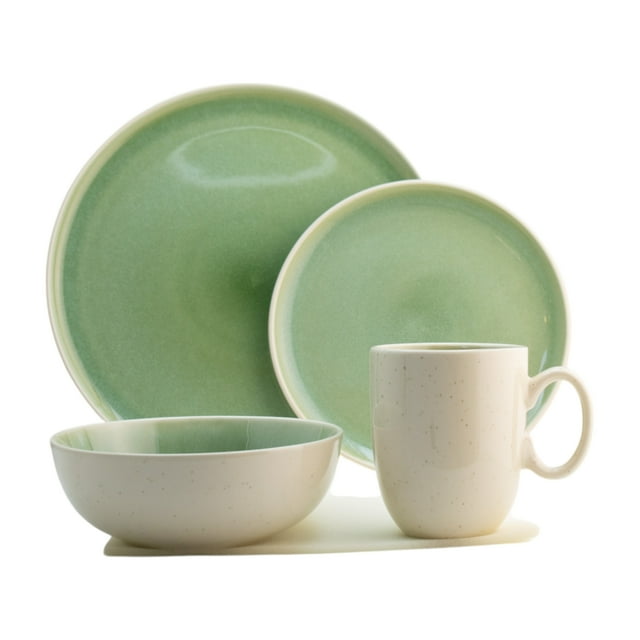 Juego Vajilla Cerámica, Colección Masai, Vajilla Circular de16 Piezas para 4 Personas, Color Verde Grisáceo con Caja de Regalo