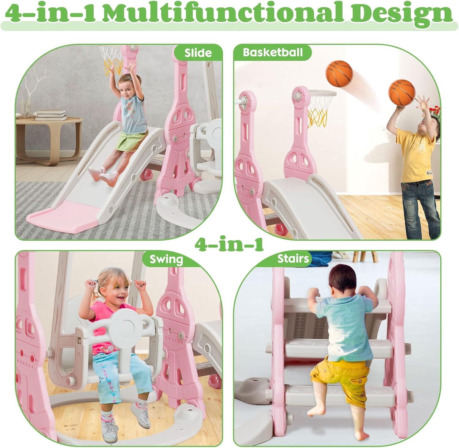 Ealing 4 in 1 Slide and Swing Set for Toddlers Age 1-2 ,with Bucket Style Seat and Basketball Hoop ,Baby Outdoor Indoor Playset Climber Toys,Pink