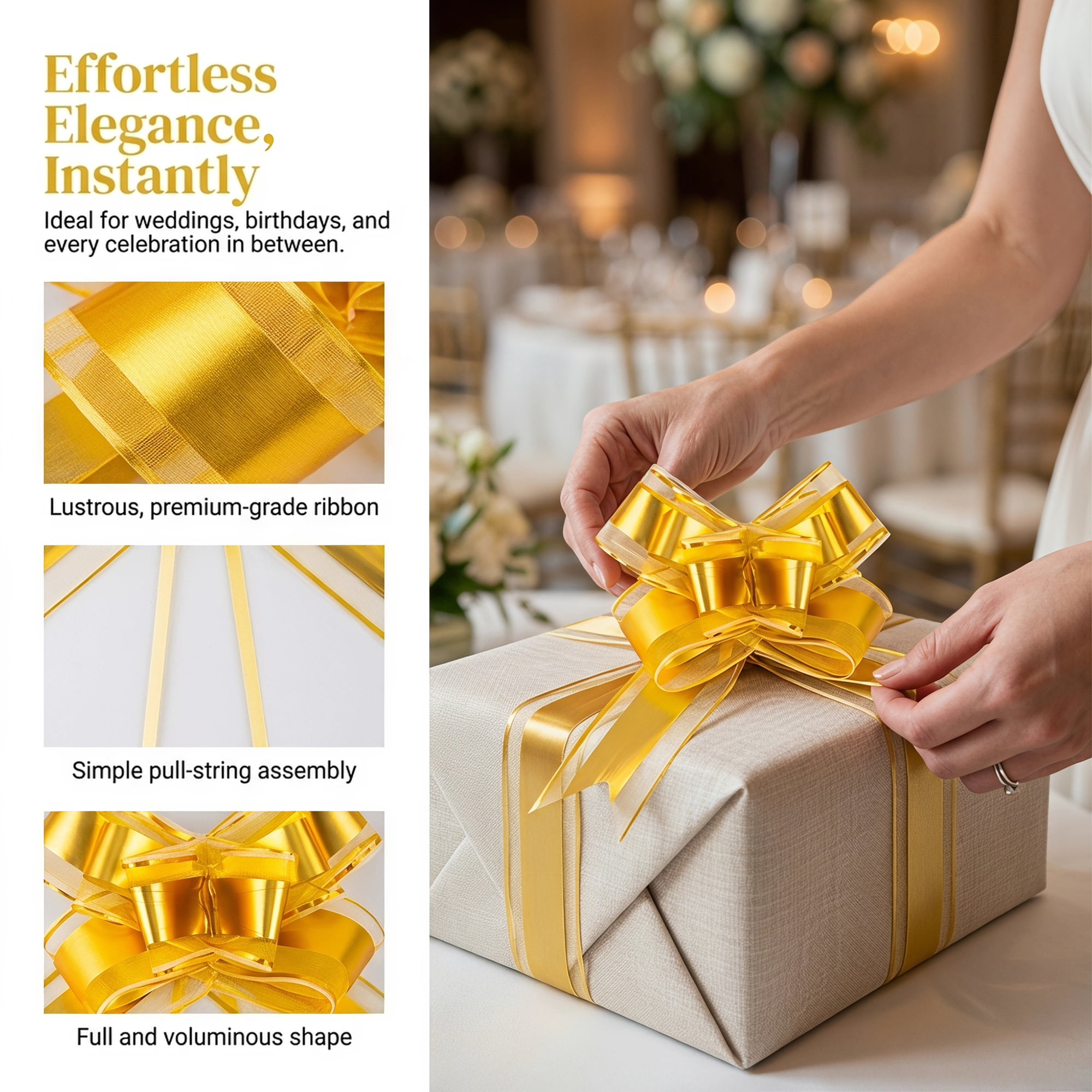 Unique Bargains Elegant Smooth Instant Pull String Flower Bows for Gift Wrapping Gold