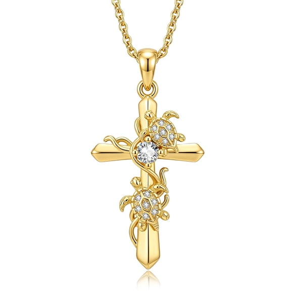 TANGPOET Turtle Cross Necklace for Women Dainty 14K Gold Baptism Gifts